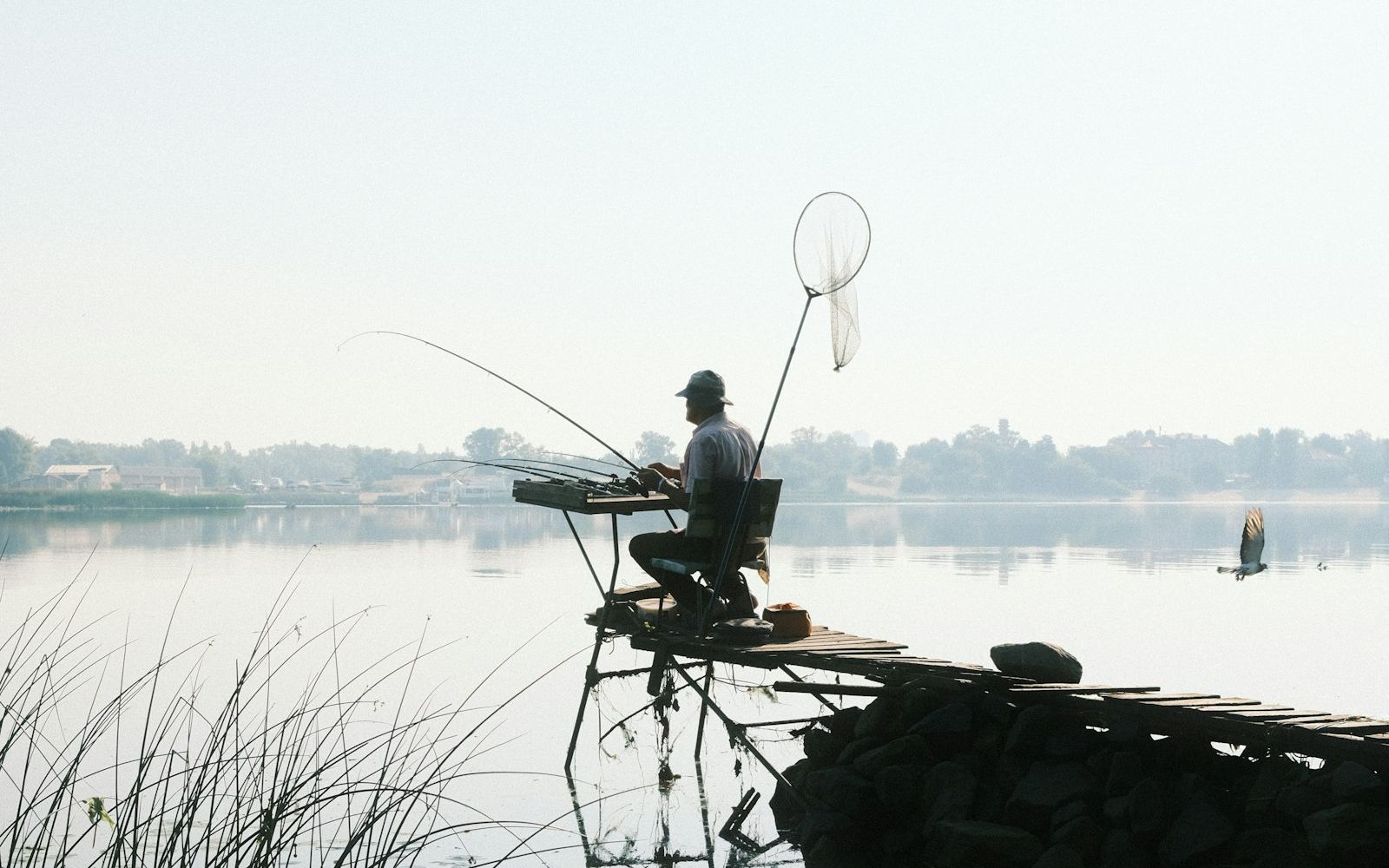 Un pêcheur au bord d'un lac, le soleil du matin sur l'eau