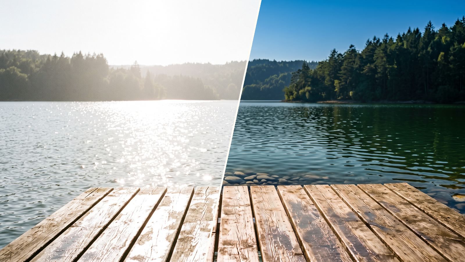Le même lac vu sans verre polarisé, avec les reflets, et à travers un verre polarisé